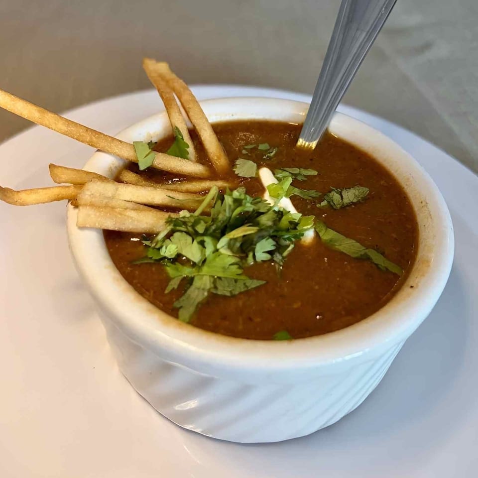 Bowl of reddish-brown soup garnished with fresh herbs, yogurt, and crispy bread strips, with a spoon resting inside.