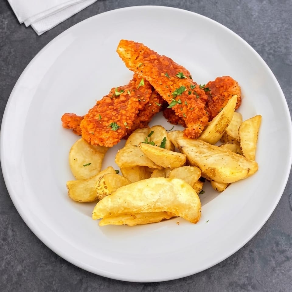 Crispy breaded chicken strips with golden potato wedges, garnished with fresh parsley on a white plate.